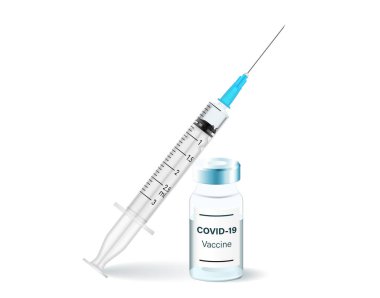 Tıbbi açıdan tek kullanımlık gerçekçi şırınga ve şişe. Covid 19 için uygulanabilir, koronavirüs aşısı enjeksiyonu, aşı çizimi. İğneli plastik şırınga. Covid 19 aşı şişesi. Vektör illüstrasyonu