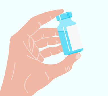 El ele tutuşan antiviral aşı, insülin ya da başka bir ilaç. Tıp illüstrasyonu. Aşı, tıbbi tedavi konsepti. Aşı şişesi. Anti-viral tedavi. Vektör illüstrasyonu