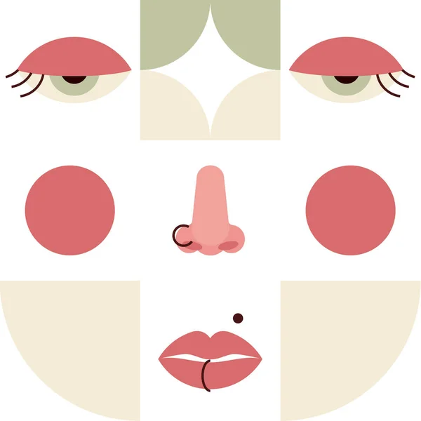 Ragazza forata con naso, piercing alle labbra. Illustrazione in stile neo geo. — Vettoriale Stock