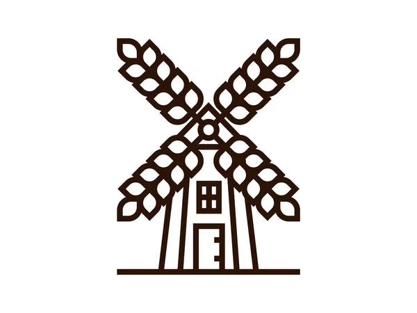 Umriss Windmühle Symbol oder Schild. Windmühlen-Ikone mit Klingen als Weizenähren — Stockvektor