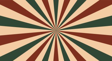 Merkezinde ışın ya da çizgiler olan geçmişe dönük bir arkaplan. Güneş patlaması ya da güneş patlaması. Kahverengi, yeşil, kırmızı renkler. Vektör illüstrasyonu