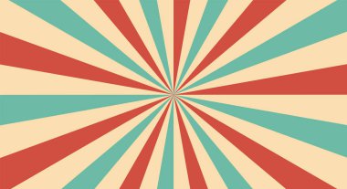 Merkezinde ışın ya da çizgiler olan geçmişe dönük bir arkaplan. Güneş patlaması ya da güneş patlaması. Kırmızı ve turkuaz renkler. Vektör illüstrasyonu