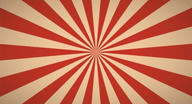 Merkezinde ışın ya da çizgiler olan geçmişe dönük bir arkaplan. Güneş patlaması ya da güneş patlaması. Kırmızı renkler. Vektör illüstrasyonu