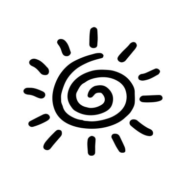 Güneş el çizimi sembolü. İzole edilmiş arkaplanda sarmal olarak güneş simgesi. Çocuk çizimi. Siyah renk. Vektör illüstrasyonu