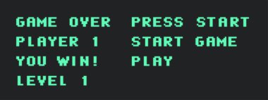 Eski video oyunu kelimeleri seti. Piksel tipografisi