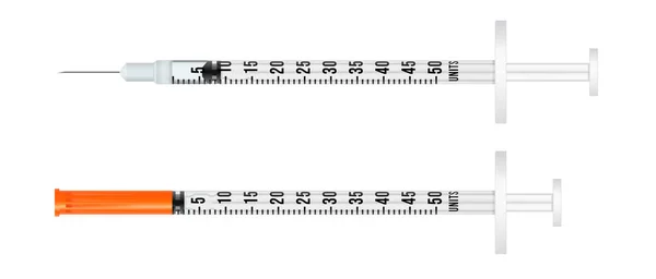 Realistische 3d insuline medische spuit met naald. — Stockvector