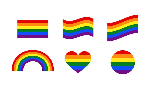 Bandiera arcobaleno, bandiera ondulata, cuore arcobaleno, cerchio. — Vettoriale Stock