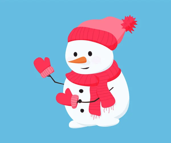 Muñeco de nieve en sombrero rojo, bufanda y guantes. — Vector de stock