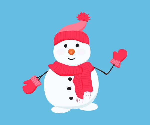 Muñeco de nieve en sombrero rojo, bufanda y guantes. — Vector de stock