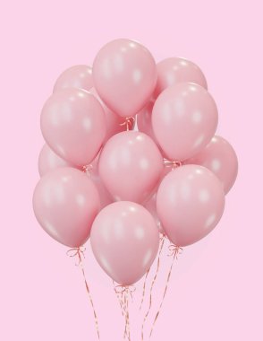 Parti balonları. Pembe arka planda pembe balonlar var. 3D görüntüleme. Kutlama olay tasarımı için uygulanabilir.