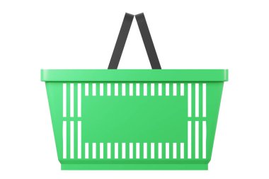 Yeşil mağaza boş sepeti. İzole edilmiş arka planda plastik alışveriş sepeti. Süpermarket yeşil alışveriş arabası. 3d oluşturma.