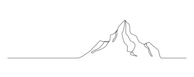Dağ çizimlerinin minimalist tek çizgili çizimi, zarif doğrusal manzara çizimi, modern soyut kontur sanatı, posterler için temiz monokrom tasarımı, markalaşma, baskılar