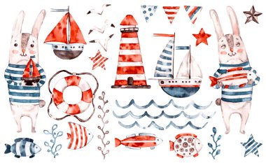 Denizcilik vektörü suluboya yavru tavşan denizci, hayvan çizgi film çocuk odası denizcisi seti. Sevimli çocuksu karakter koleksiyonu