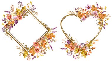 Sonbahar meşe yaprakları, meşe palamutları, böğürtlenler, çiçekler ve sonbahar renklerinde çiçek elementleriyle dizilmiş çiçek vektör çerçeveleri.