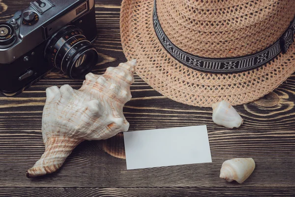 Travel items on wooden table. Top view