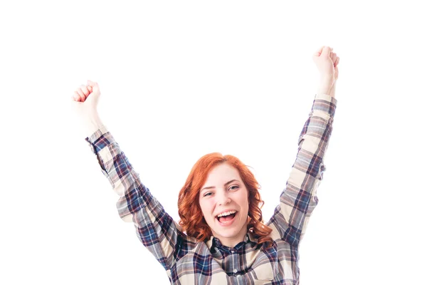 Cheerful young woman standing with raised hands up Royalty Free Stock Photos