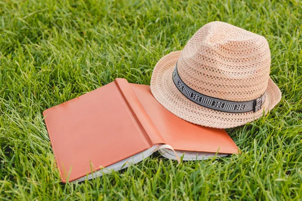 Chapeau, livre, cahier sur herbe — Photo