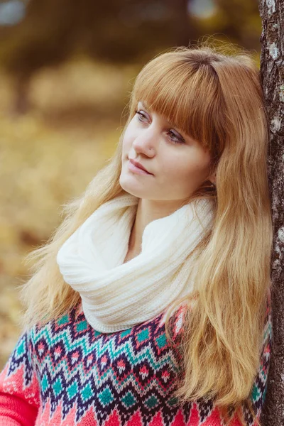 Val concept - herfst vrouw zitten in park — Stockfoto