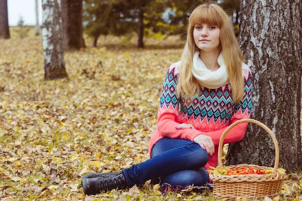 Concetto autunnale donna seduta nel parco — Foto Stock