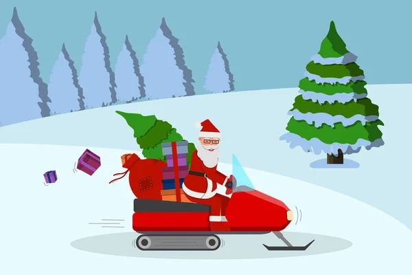 Santa Claus con bolsa de regalo rojo en la moto de nieve en el bosque de invierno, ilustración lindo vector de dibujos animados. — Vector de stock