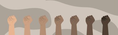 Concept of unity, revolution, fight, cooperation. Multiracial fists hands up vector illustration. Flat design. clipart