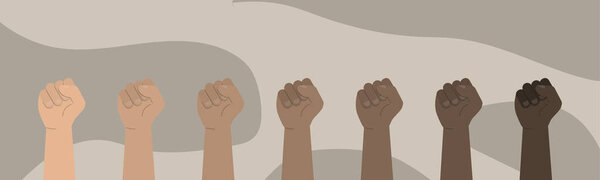 Concept of unity, revolution, fight, cooperation. Multiracial fists hands up vector illustration. Flat design.