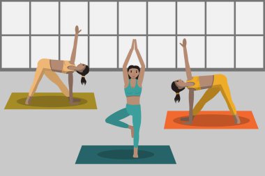 Sportif kadınlar yoga minderi üzerinde spor yapıyor. Kızlar spor salonunda antrenman yapıyor. Sağlıklı yaşam tarzı konsepti. düz modern