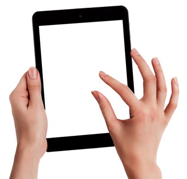 bir tablet dokunmatik bilgisayar ile izole perde tutan eller