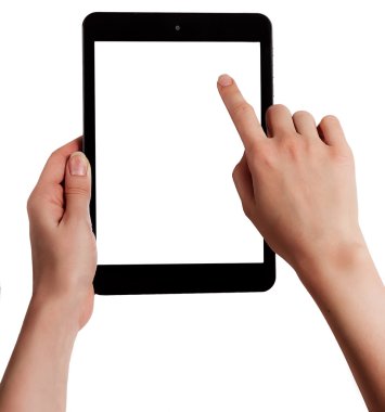 bir tablet dokunmatik bilgisayar ile izole perde tutan eller