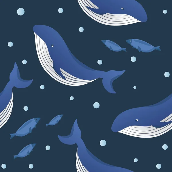 Seamless Pattern Blue Whales Fish Underwater Vector Illustration — Stock Vector