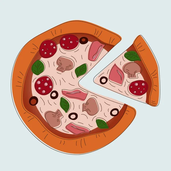 Pizza Med Skiva Handritad Stil Pizza Med Skinka Svamp Pepperoni — Stock vektor