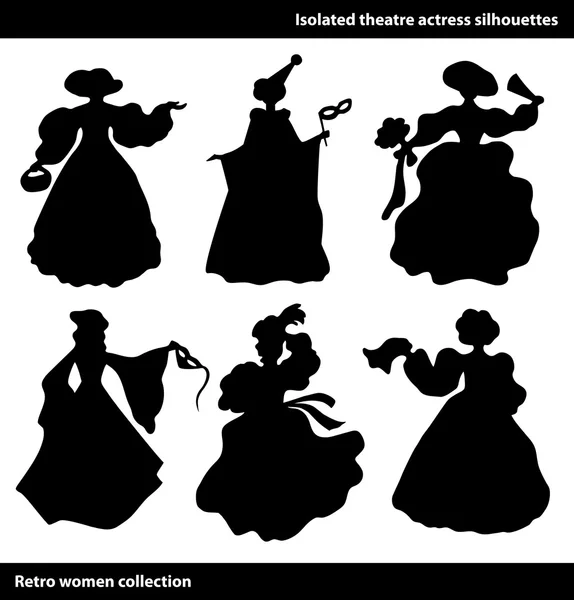 Negro aislado teatro actriz siluetas — Vector de stock