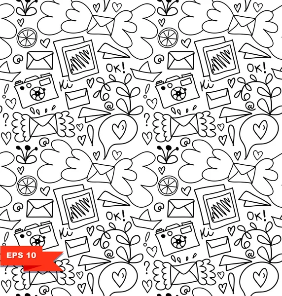 Seamless pattern with letters, hearts, camera — Stock Vector