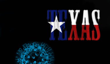Teksas bayrağı, Covid-19 harfleri, Coronavirus ve siyah arkaplan, dijital arkaplan