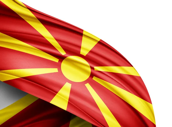 Флаг Македонии Шелка Копирайтом Текста Изображений Белым Фоном — стоковое фото