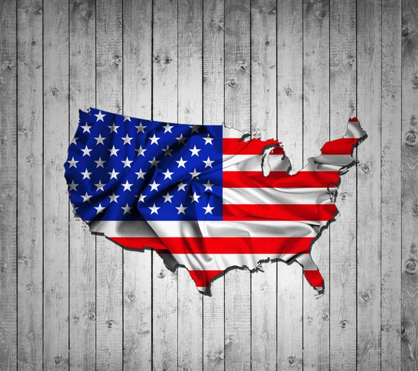 具有丝绸和木材背景的美国国旗图 — 图库照片