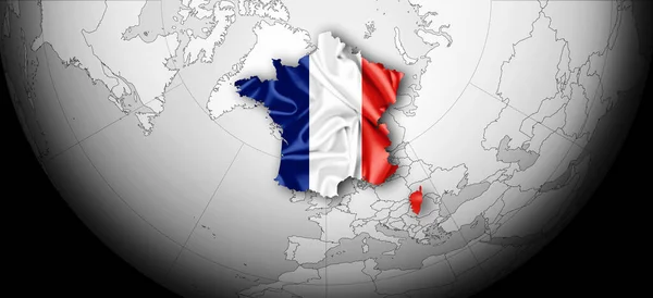 法国丝绸国旗 世界地图和黑色背景 — 图库照片