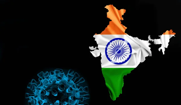 Mapa Bandera India Seda Con Covid Coronavirus Fondo Negro — Foto de Stock