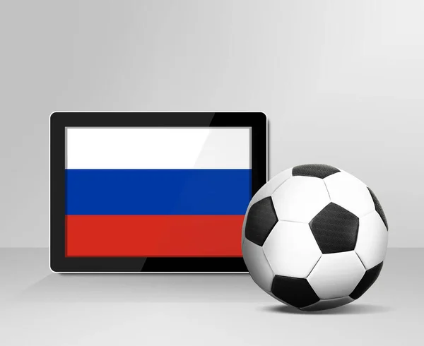 Pelota Fútbol Con Bandera Rusia Pantalla Digital Tableta — Foto de Stock