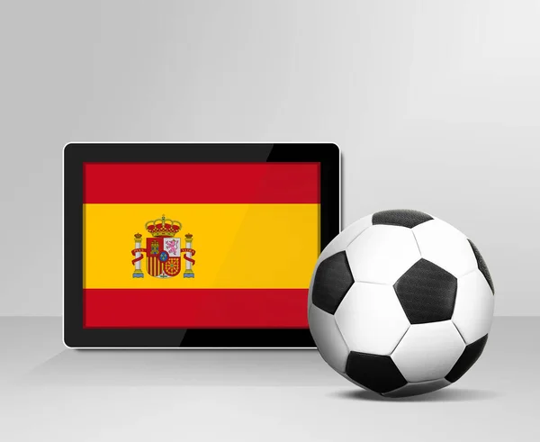 Pelota Fútbol Con Bandera España Pantalla Digital Tableta — Foto de Stock