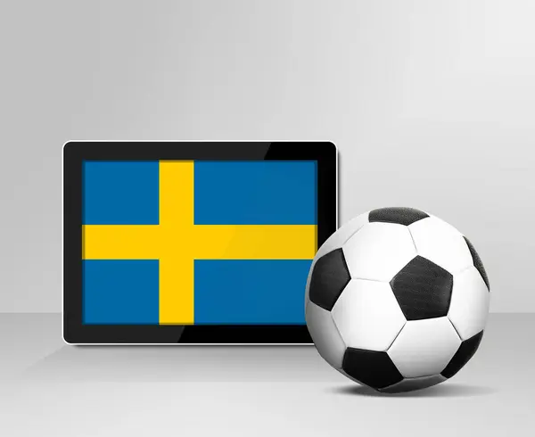 Pelota Fútbol Con Bandera Suecia Pantalla Digital Tableta — Foto de Stock