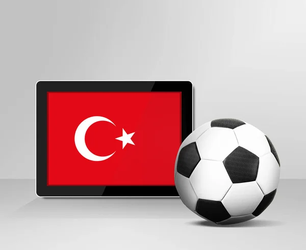 Pallone Calcio Con Bandiera Turca Sullo Schermo Digitale Del Tablet — Foto Stock