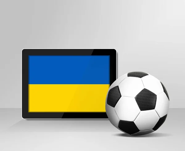 Pelota Fútbol Con Bandera Ucrania Pantalla Digital Tableta — Foto de Stock