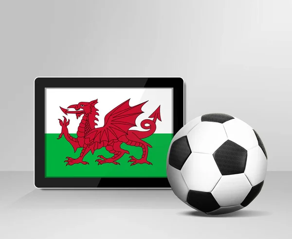 Bola Futebol Com Bandeira País Gales Tela Tablet Digital — Fotografia de Stock