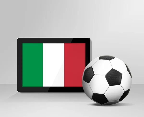 Футбольный Мяч Флагом Италии Цифровом Экране Планшета — стоковое фото