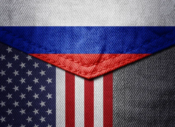 Ilustração Colorida Bolso Tecido Jeans Com Bandeira América Rússia — Fotografia de Stock