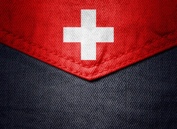 Барвисте Зображення Джинсів Тканини Кишені Прапором Швейцарії — стокове фото