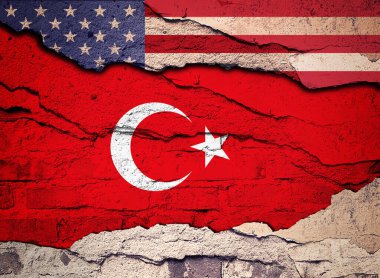  Eski bir duvar arkasına Amerikan ve Hindi bayrağı boyanmış. 3B illüstrasyon 