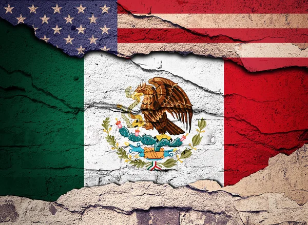 American and Mexico flag painted on an old wall background. 3D illustration