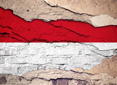 Monako bayrağı eski bir duvar arkasına boyanmış. 3B illüstrasyon 